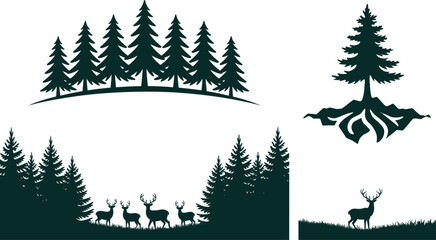 Fototapeta premium A detailed vector set featuring pine tree forests, deer silhouettes, and natural woodland landscapes. Ideal for outdoor, wildlife, and nature-themed designs, logo elements, and minimalist black vector