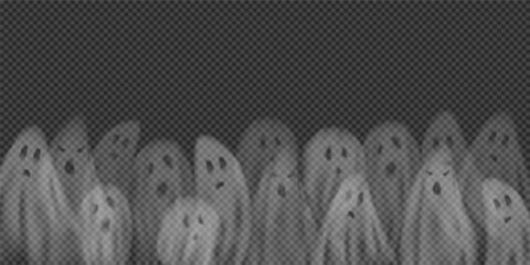 Realistic ghosts isolated on transparent. Overlay Vector illustration of 3d symbols of halloween. Banner with copy space