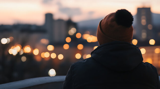 A solitary figure gazes upon a cityscape shimmering with the soft glow of evening lights. The warm hues paint the sky as the city transitions from day to night's embrace.