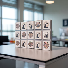 Modern office display featuring interactive cubes with business and technology icons on a table