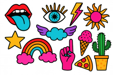 Psychedelic stickers showcasing pop art doodle style elements for retro funky design, vibrant cartoon patch collection on transparent background
