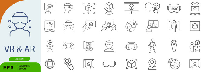 VR & AR Icon Set – 36 Line Style Symbols for Virtual Reality, Augmented Interaction, and Immersive Technology