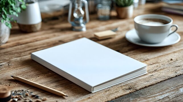 Blank white book on a rustic wooden table with coffee and pencil in soft daylight - Powered by Adobe