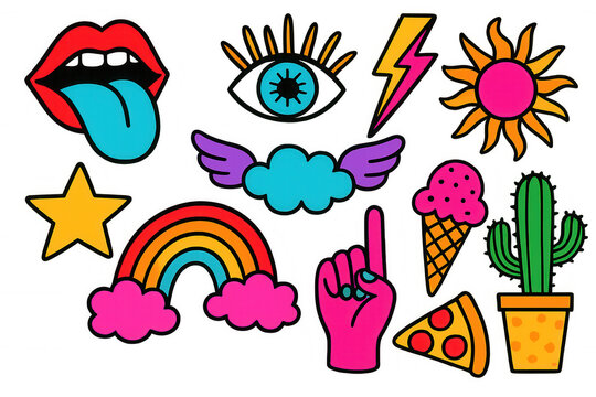 Psychedelic stickers showcasing pop art doodle style elements for retro funky design, vibrant cartoon patch collection on transparent background
