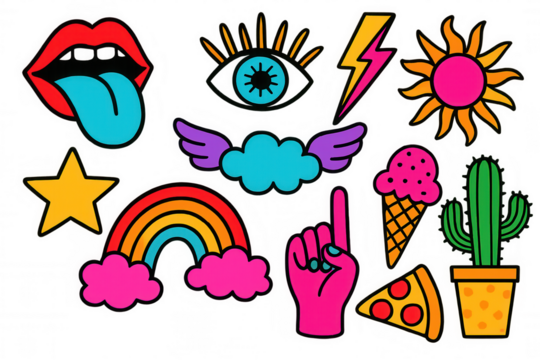 Psychedelic stickers showcasing pop art doodle style elements for retro funky design, vibrant cartoon patch collection on transparent background