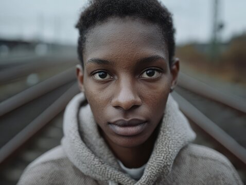 Portrait of a person in a neutral expression wearing a textured hoodie, standing on railway tracks on a cloudy day, with blurred background creating a depth-of-field effect