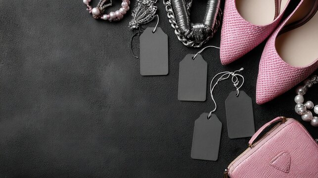Pink fashion accessories with price tags, - Powered by Adobe