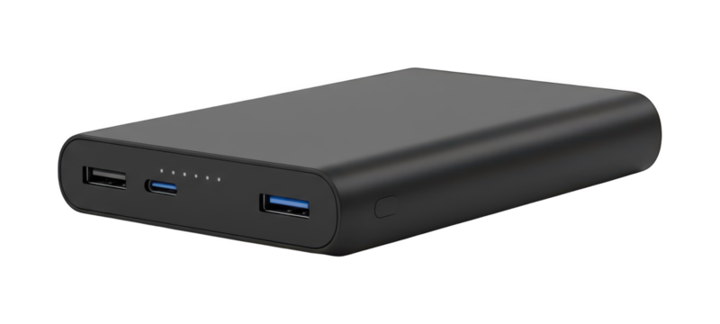 Black portable power bank with multiple USB ports and charging indicators.