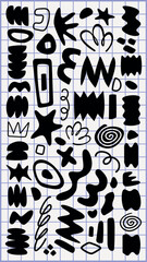 Abstract black shapes on a grid background. Various abstract forms, including spirals, stars, and zigzags. Bold black shapes create a dynamic pattern. Black and white vector set.