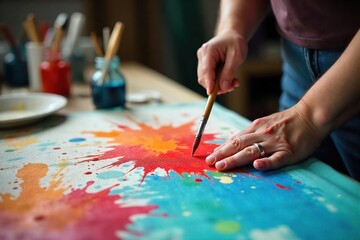 Artist Taking a Break Cleaning Paintbrushes and Spilled Paint on Drop Cloth After Painting Session