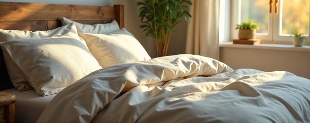 Serene Sunlight Streaming Through Window onto Soft Linen Bedding on Rustic Wooden Bed