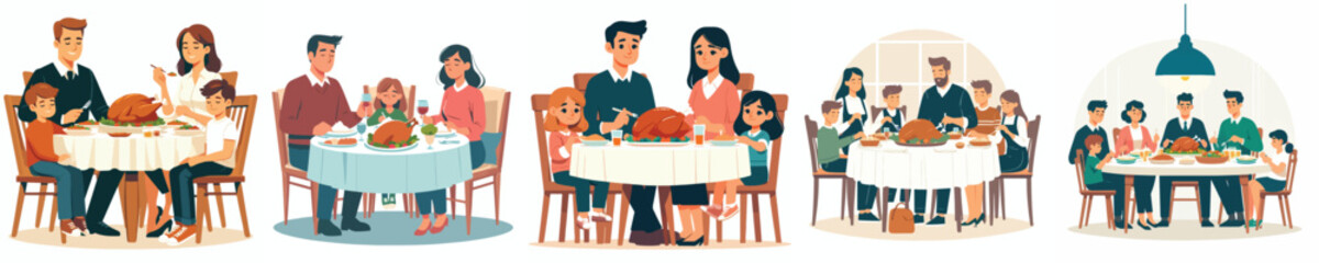 vector family celebrating thanksgiving dinner