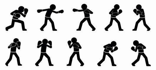 Fototapeta premium Set of black stickman boxers fighting in different stances, showing competition, strength, movement, and focus, minimal vector sports silhouettes representing boxing energy