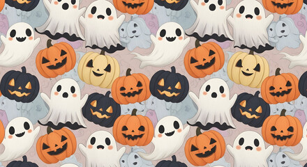 Fototapeta premium Spooky Halloween Pattern with Pumpkins and Ghosts