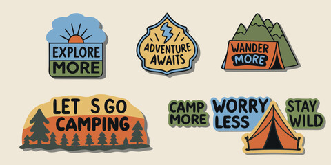 Collection of hand drawn camping and adventure themed stickers with inspirational quotes and illustrations