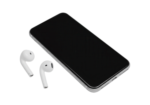 Modern mobile phone with wireless earbuds rests on a black surface.