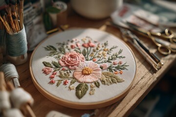 Close-up of a beautifully embroidered floral design in a wooden hoop, surrounded by crafting tools, capturing the essence of handmade artistry and delicate detail.