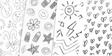 Collection of hand drawn doodle icons and patterns including hearts sun flowers stars and faces