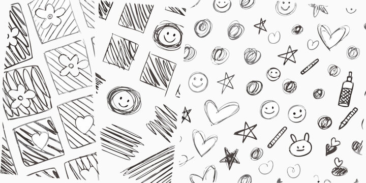 Hand drawn doodle pattern with hearts smiley faces flowers stars and scribbles on white background