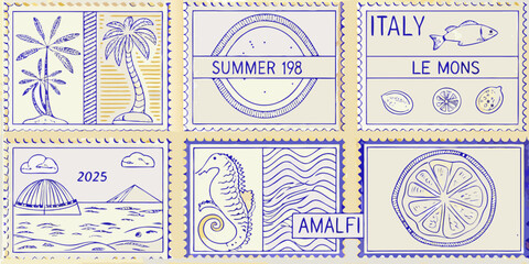 Collection of six hand drawn postage stamps featuring summer vacation themes and italian landmarks © SreemotiRaba