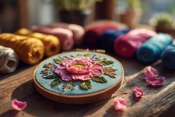 Embroidery hoop with a floral design, surrounded by colorful threads on a wooden table, displaying a handmade craft project with artistic detail and delicate stitchwork.