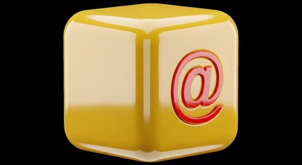 Glossy golden cube with red at symbol facing forward