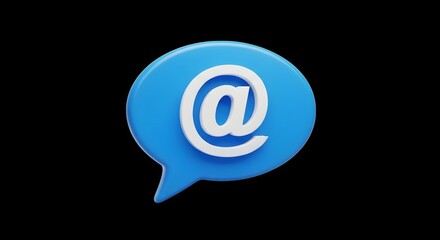 Blue speech bubble icon with an at symbol inside for digital communication and email concepts
