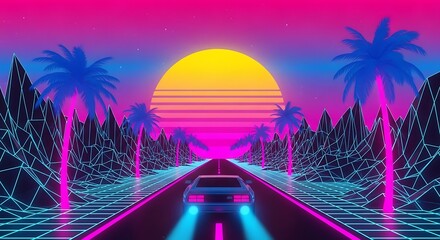 A vibrant, neon-lit highway winds through a stylized landscape of geometric mountains and palm trees under a retro sunset.