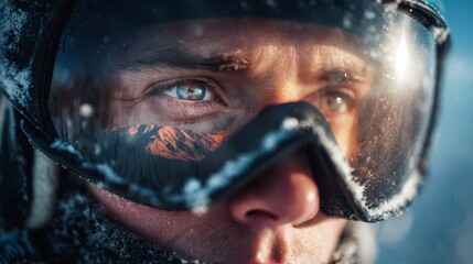 Fototapeta premium person with snowboard goggles looking at camera in front of a mountain in winter