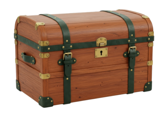 Antique wooden chest with leather straps and brass hardware.