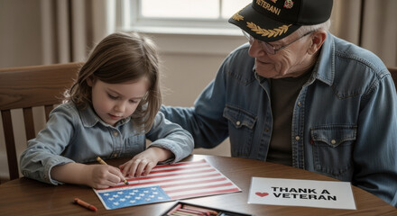 Veteran grandfather and granddaughter coloring US Flag generations unite honoring service and gratitude for Veterans Day