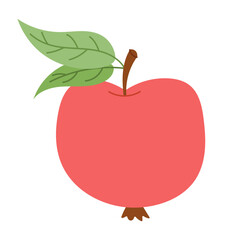 Cute red apple flat vector illustration. Whole fruit with green leaves isolated on white background.