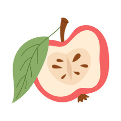 Cute red apple half with leaf. Flat vector fruit illustration isolated on white background.
