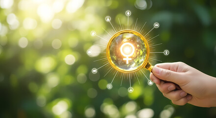 A person holds a magnifying glass over a female symbol, symbolizing women's rights and empowerment amidst a green, natural background.