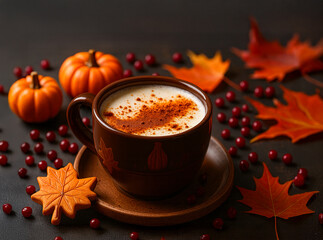 Cup of hot coffee with cinnamon surrounded by mini pumpkins, maple leaves, red berries, and a leaf-shaped cookie. Cozy autumn composition with warm light and fall mood.