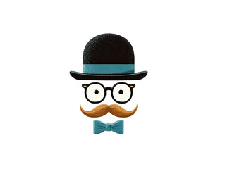 Obraz premium Animated icon of a face wearing a bowler hat, mustache, glasses, bow tie