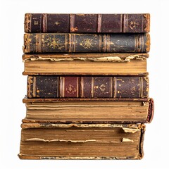 Stack of Antique Leather Bound Books on White Background Isolated
