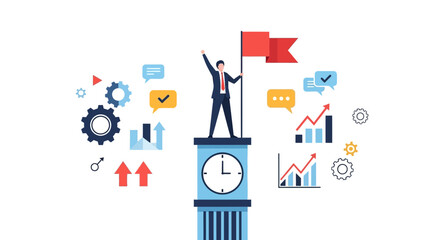 Achieving Success: A Businessman Stands Atop The Clock Tower with Flag and Graphs