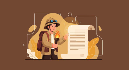 Adventurer Holding A Lit Torch Explains Ancient Manuscript Document Details Illustrated