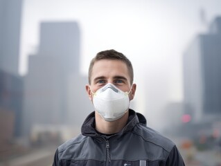 Young man wears protective face mask, standing on a city street enveloped in fog or pollution, urban setting. He looks directly at the camera, wearing a dark jacket in soft focus