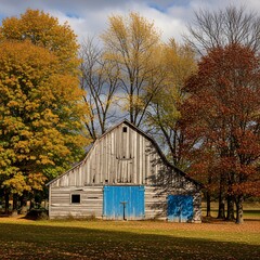 A weathered gray barn, adorned with vibrant blue doors, stands amidst a landscape of autumnal trees, bathed in the soft light of a fall day.