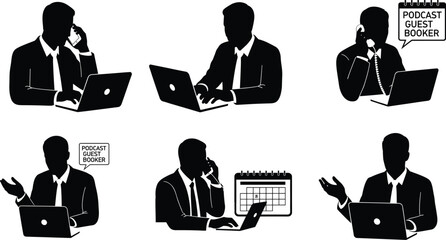 Podcast guest booker, business coordination, phone call, laptop use, scheduling, calendar icon, silhouette, communication, planning, digital workflow, gesture