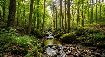 Obraz premium A tranquil forest stream winds through a lush green woodland, dappled sunlight filtering through the trees.