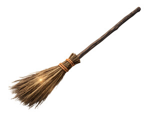 Old fashioned witchs broomstick made of wood and straw, isolated on transparent background