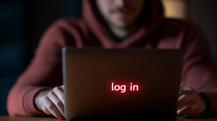 Hooded figure logs in to a laptop in a dimly lit room, creating an air of mystery. The scene suggests a clandestine operation, cyber activity, or late-night work session.