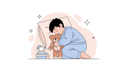 Obraz premium A Little Boy Cuddling A Teddy Bear, Preparing For Sleep And Nighttime Comfort