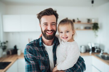 Cheerful father holding smiling daughter in bright modern kitchen at home, happy family lifestyle moment
