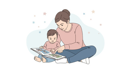 Obraz premium A Mother And Child Reading A Book Together Under The Gentle Light Of The Stars