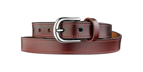 Close-up of a stylish burgundy leather belt with shiny buckle. Perfect for fashion design, blogs, and online store visuals.