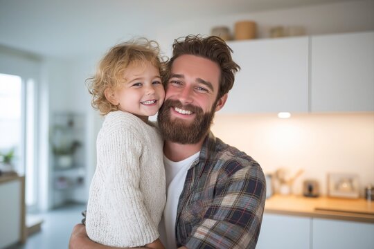 Happy father holding smiling little daughter in cozy modern kitchen, enjoying joyful family moment at home